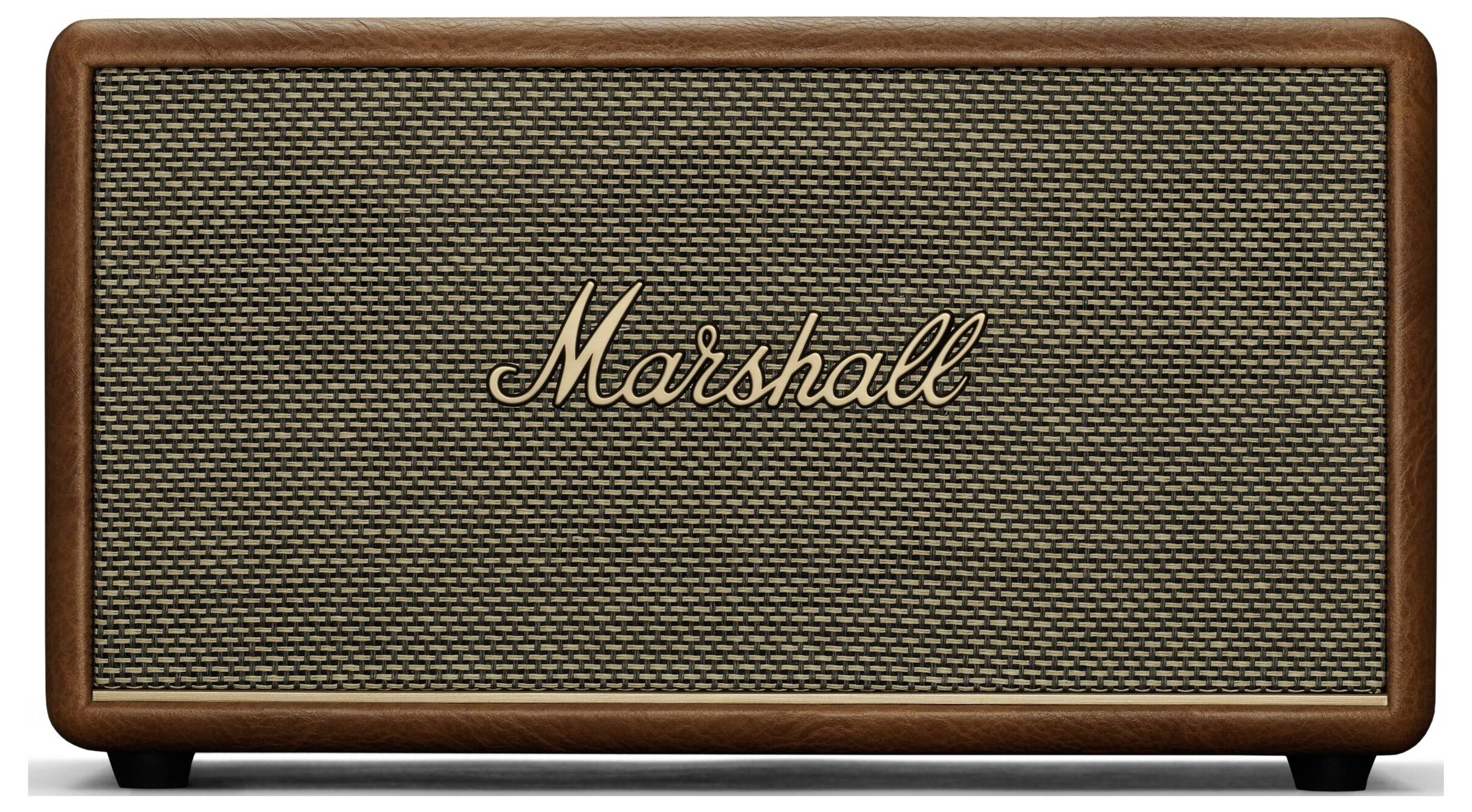 Retro-luidspreker met het opschrift 'Marshall' in het midden. De behuizing is van hout en de voorkant is voorzien van een stoffen rooster.