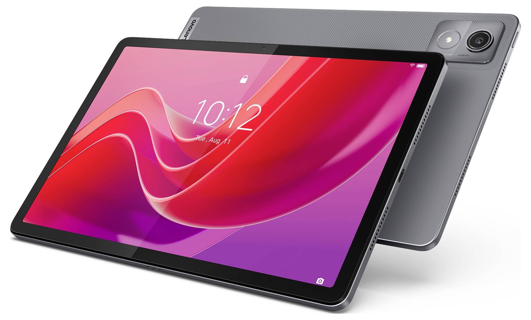 Een grijze tablet met een groot scherm, toont een tijd van 10:12 en een datum. Hij ligt schuin op een andere tablet.