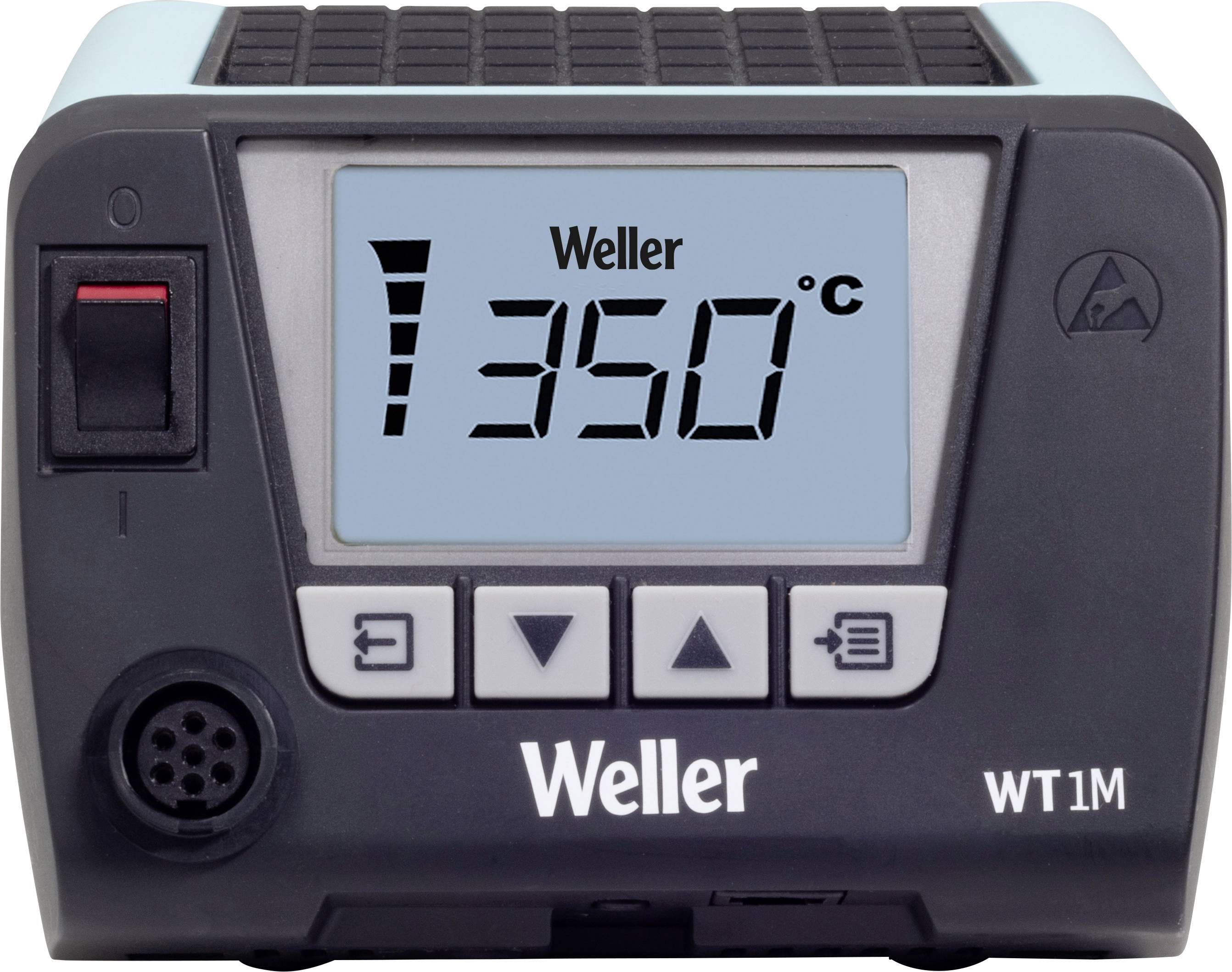 Soldeerapparaat met digitale weergave toont '350°C'. Toetsen voor temperatuurregeling, met display en aansluitbus.