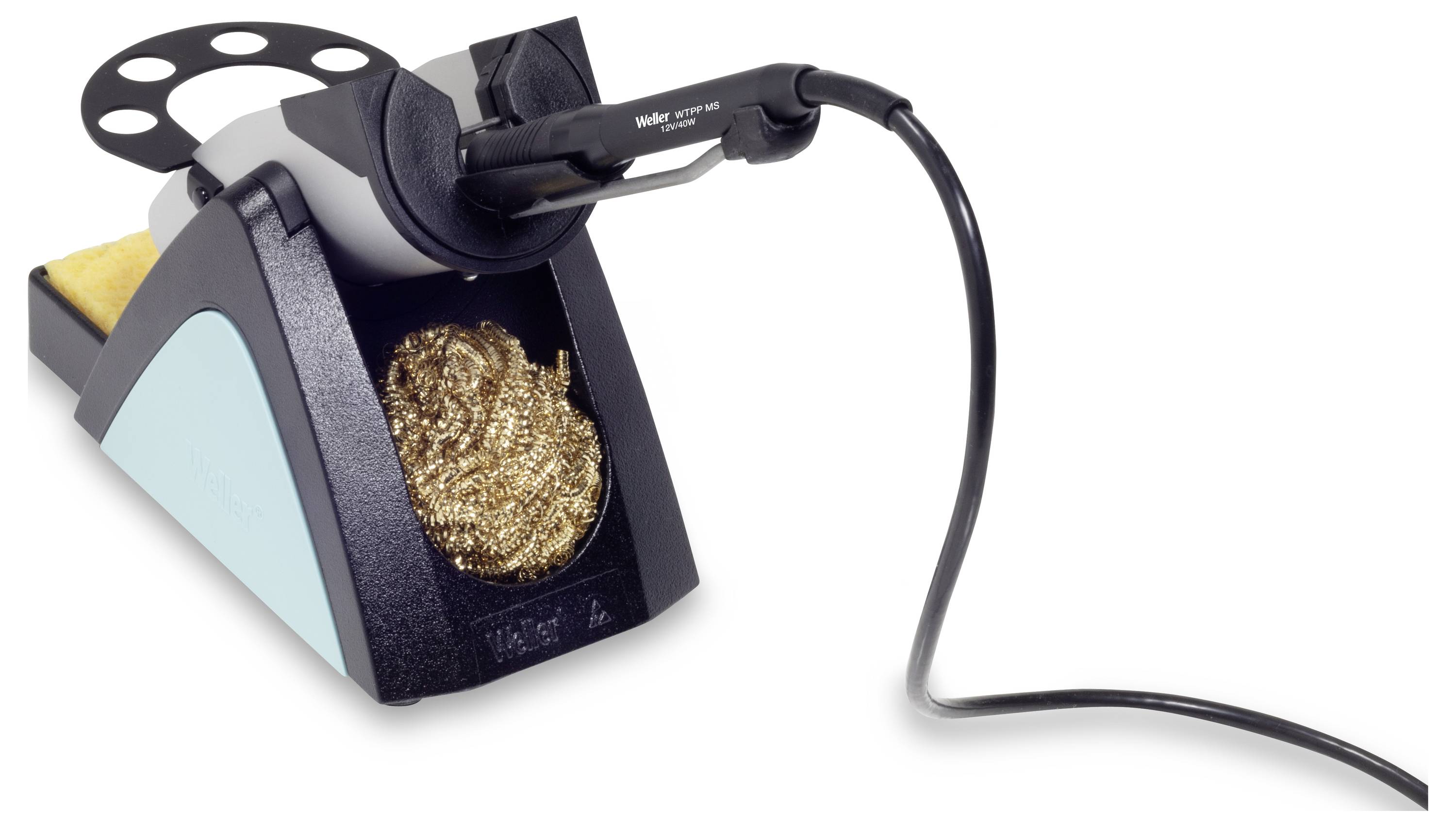 'Soldeerbouthouder met reinigingsspons en kabel, klaar voor gebruik.'