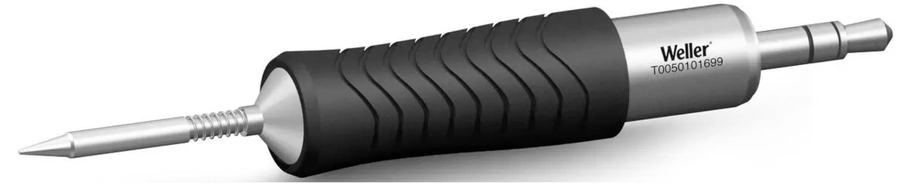 Soldeerbout met gegolfd handvat en puntige metalen punt, liggend op zijn zij.