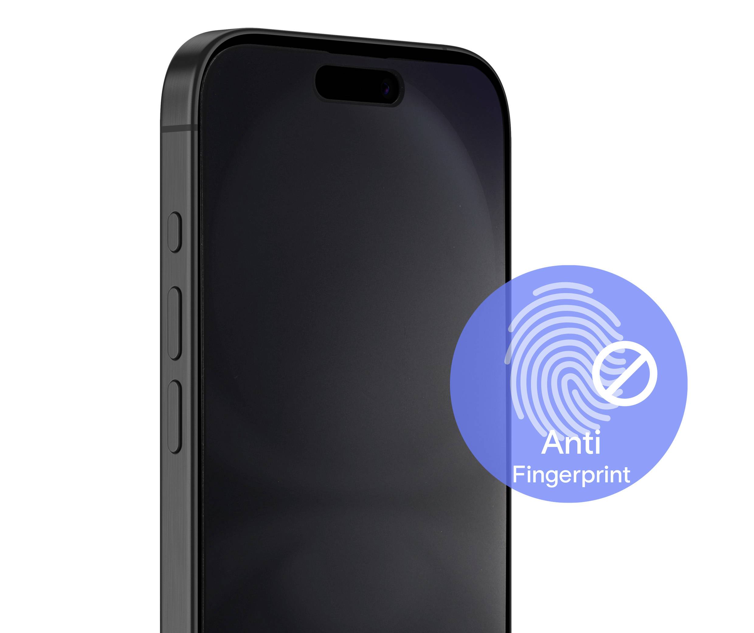 Smartphone met een zwart scherm. Een blauw symbool toont een vingerafdruk met de tekst 'Anti Fingerprint', wat wijst op een speciale coating.