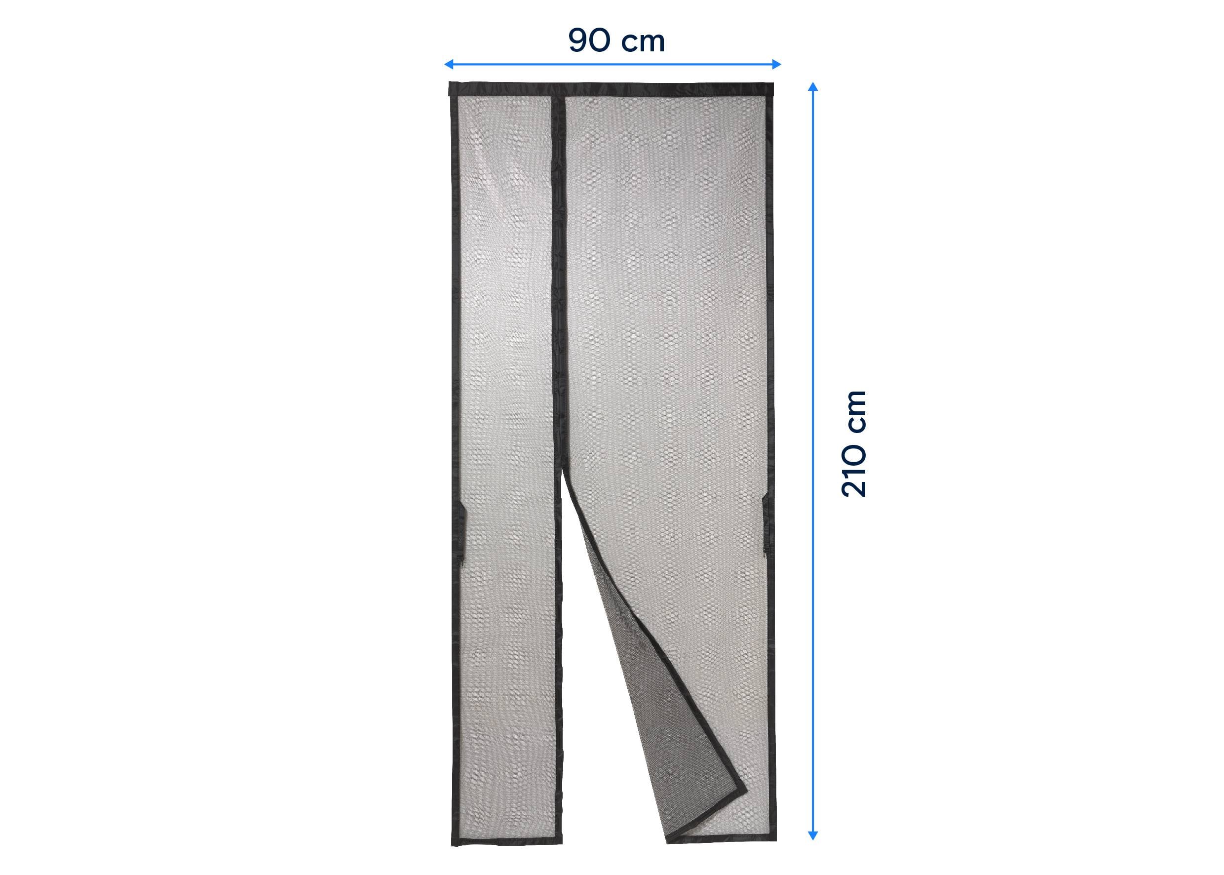 Vliegenhor voor deuren, 90 cm breed en 210 cm hoog, met twee overlappende delen en een gewicht aan de onderkant voor stabilisatie.