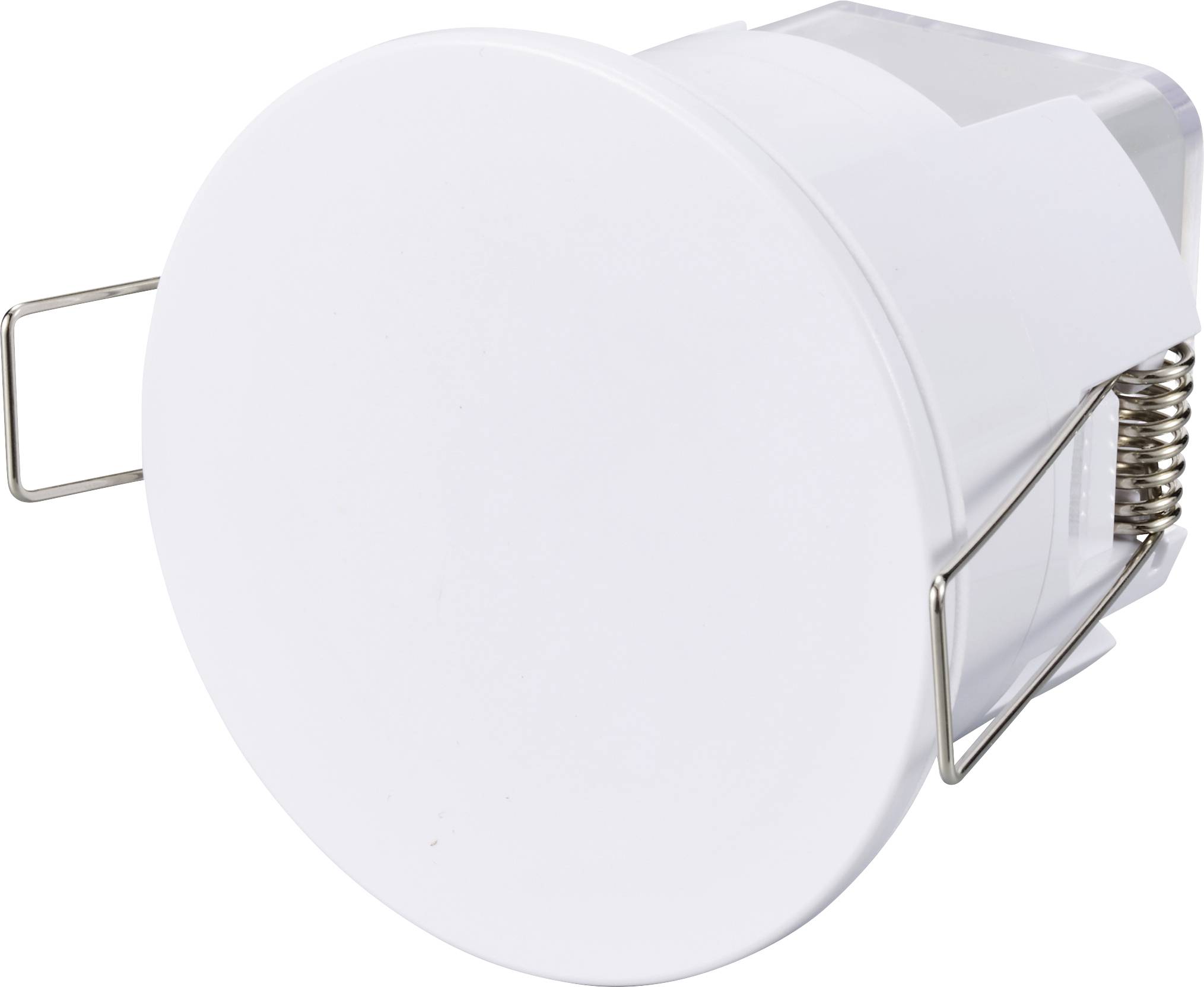 Ronde witte LED-inbouwspot met veerklemmen aan de zijkanten, geschikt voor plafondmontage.