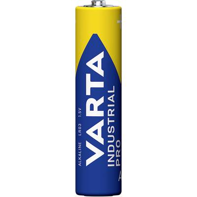 Batterij met blauwe en gele verpakking, gemerkt met 'VARTA INDUSTRIAL PRO ALKALINE LR03 1.5V'.