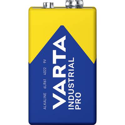 Een rechthoekige, geel-blauwe 9V Varta-batterij, gemarkeerd met 'Industrial Pro', geschikt voor industrieel gebruik.