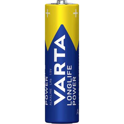 Batterij met opschrift 'VARTA Longlife Power', blauwe en gele behuizing, type LR6, 1,5V Alkaline.