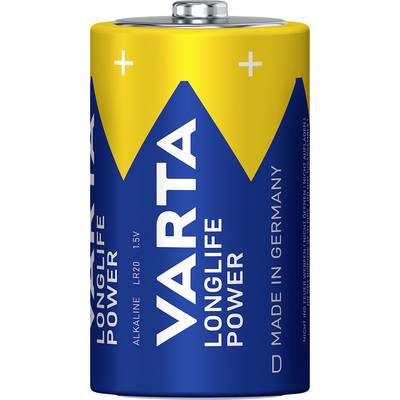 Batterij in blauw-gele uitvoering met opschrift 'VARTA Longlife Power'. Type LR20, 1,5V. Fabricageaanduiding: 'Made in Germany'.