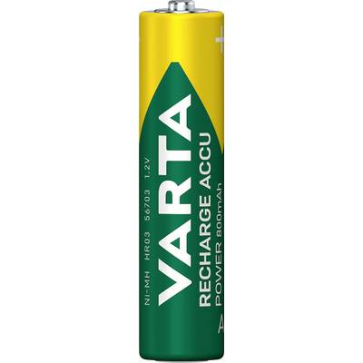 Een groene en gele VARTA-batterij, type Ni-MH HR03 56703, met 1,2V en 800mAh capaciteit, verticaal staand met de positieve pool bovenaan.