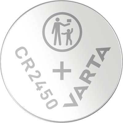 'CR2450 VARTA' knoopcel met waarschuwingssymbool dat een volwassene toont die een voorwerp boven een kind houdt.