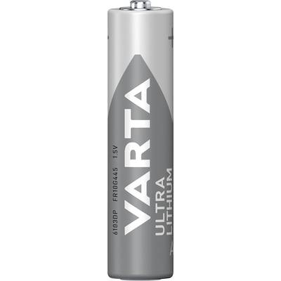 Batterij van het merk Varta met de opdruk 'Ultra Lithium', zilverklant behuizing, typische vorm voor AA-batterijen.