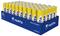 'AA alkalinebatterijen van Varta in een doos, 50 stuks. Geel en blauw design. Verpakking met opdruk "Made in Germany".'