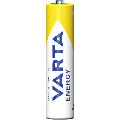 'VARTA Energy'-batterij, type AAA, Alkaline 1,5V, wit-geel design, alleen de zijde met de tekst is zichtbaar.