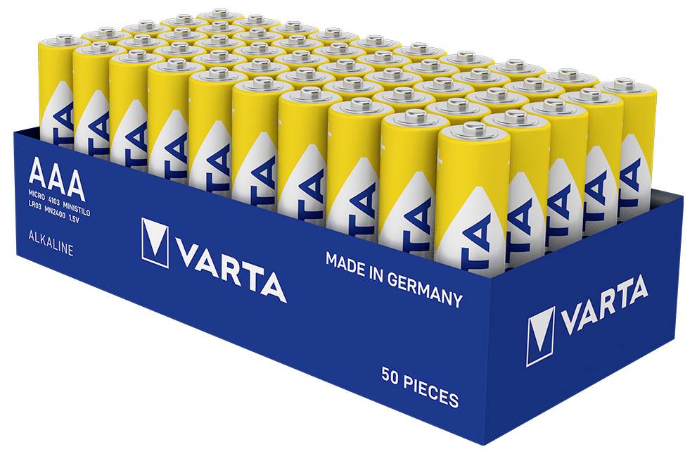 Een verpakking met 50 gele AAA-batterijen van het merk Varta, gekenmerkt door 'Made in Germany' en 'Alkaline'.