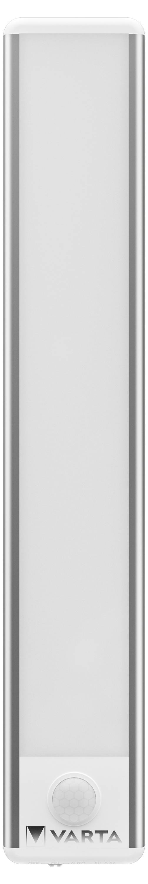 Een slanke, zilveren LED-lichtstrip van Varta met een ronde schakelaar aan het onderste uiteinde, geschikt voor verticale montage.