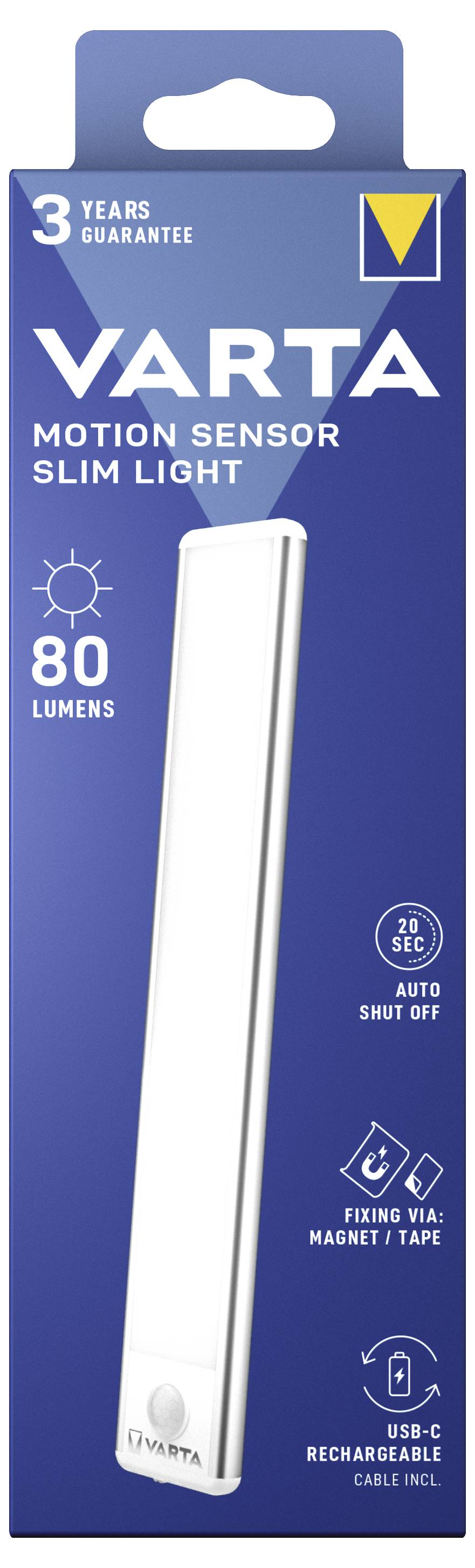 Packaging of VARTA Motion Sensor Slim Light. Shows a slim LED light. 80 lumens, USB-C rechargeable, automatic shut-off after 20 seconds.