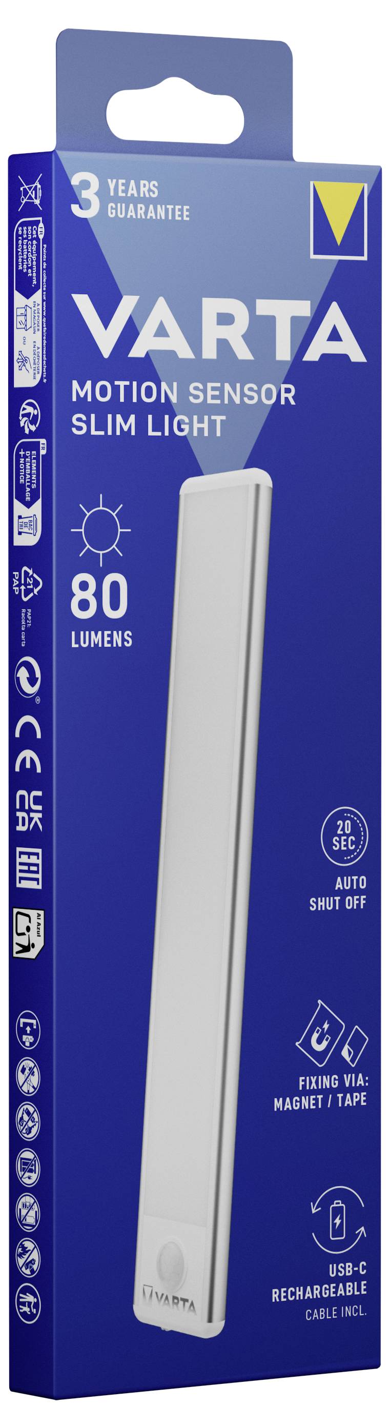 Blauwe verpakking van een Varta-bewegingssensor-lamp. 80 Lumen, automatische uitschakeling, USB-C oplaadbaar, 3 jaar garantie.