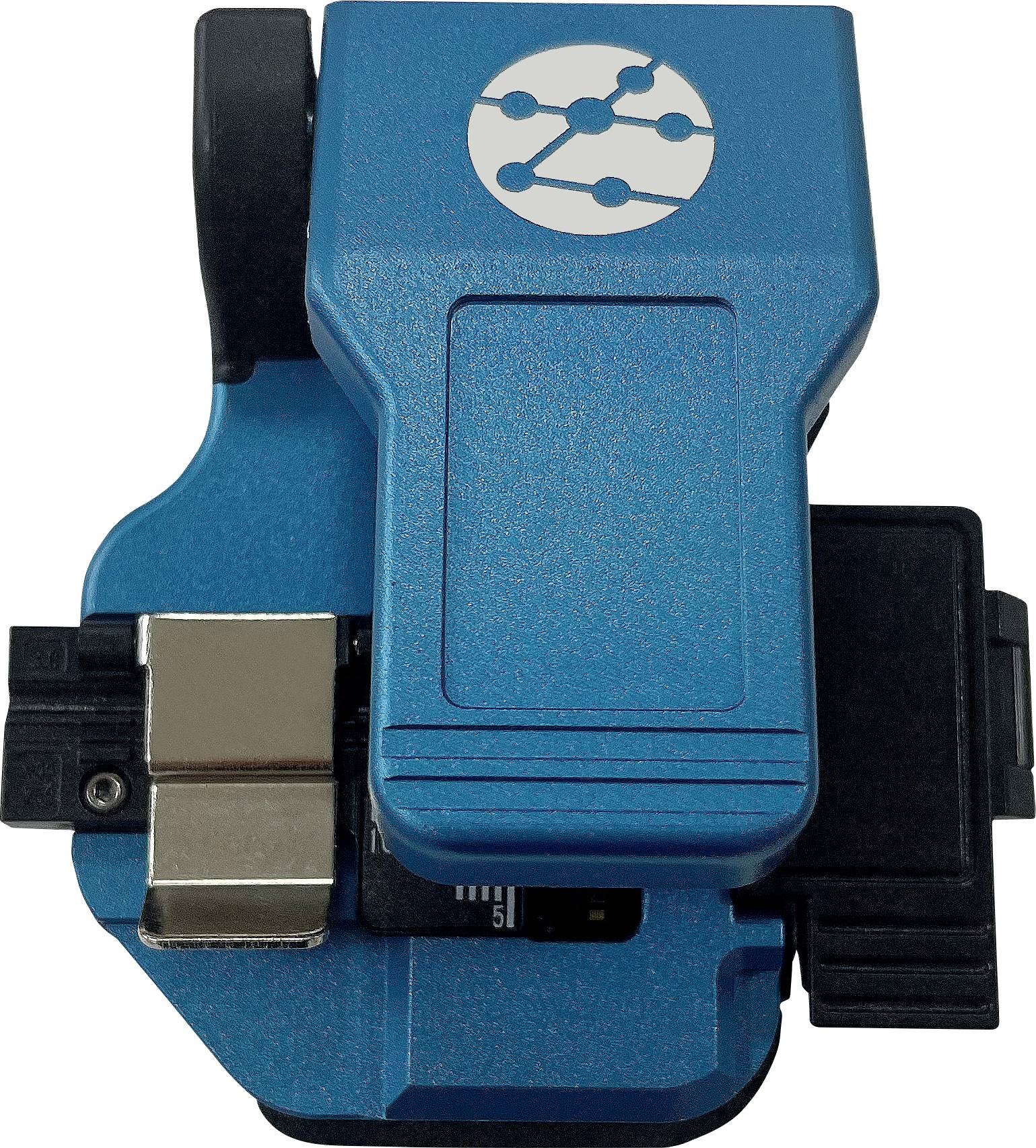 Een blauw apparaat met een ingebouwde chip en een mechanisch onderdeel, dat wordt gebruikt voor technische of elektronische toepassingen.