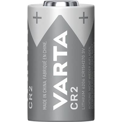 Een zilveren VARTA CR2 batterij met opschrift 'Lithium 6206 CR15H270 3V'. Let op: Niet opnieuw opladen.