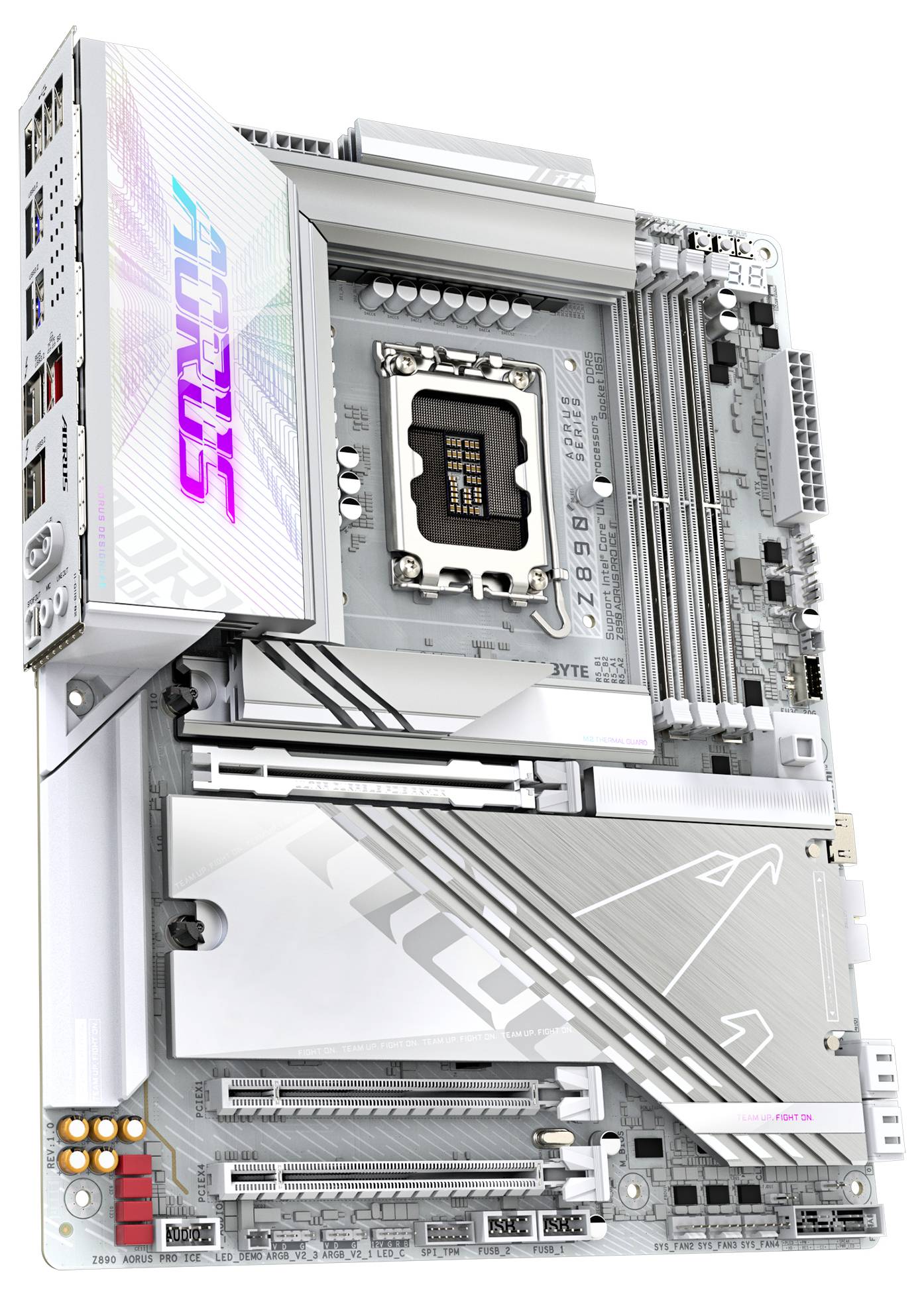 Een zilverkleurig computermoederbord met verschillende slots en aansluitingen, 'Z790' markering zichtbaar, met LED-design dat oplicht.