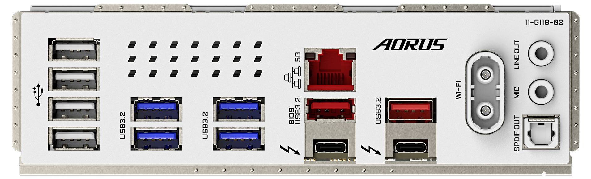 Achterkant van een computer-moederbord met verschillende aansluitingen, waaronder USB-poorten, netwerkaansluitingen, audio-aansluitingen en Thunderbolt.
