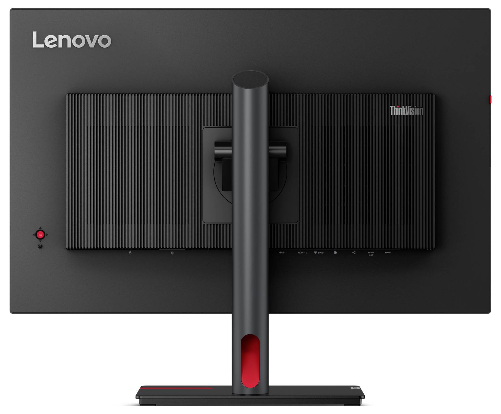 Achteraanzicht van een Lenovo-monitor met een zwarte behuizing en een rode accent op de voet, geschikt voor gebruik op kantoor.