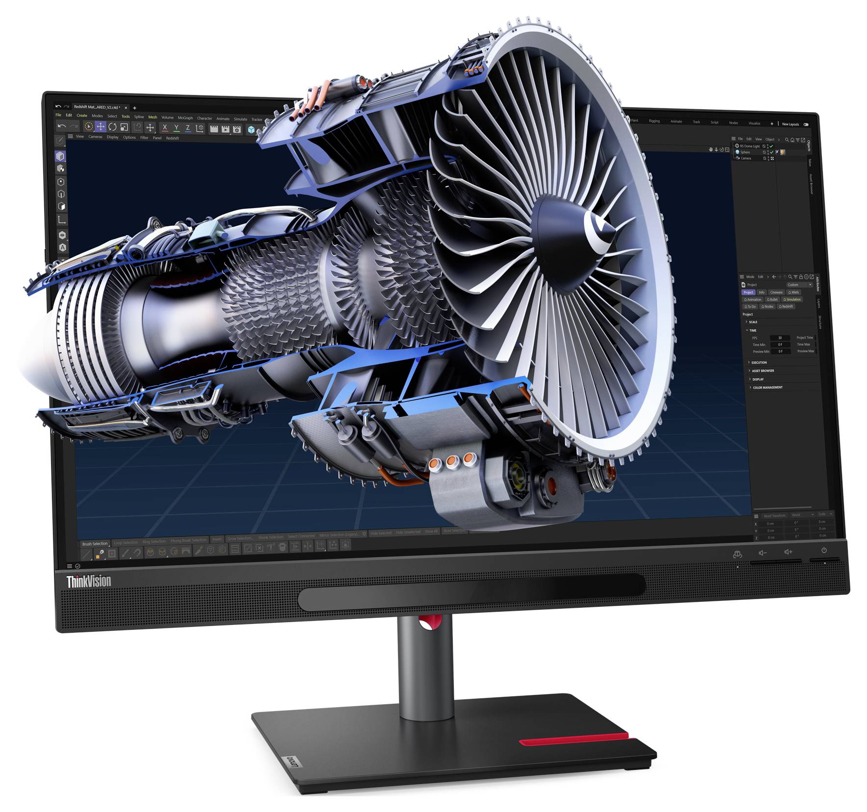 Het scherm toont de 3D-modellering van een turbinemotor met gedetailleerde componenten, zichtbaar op technische ontwerpsoftware.