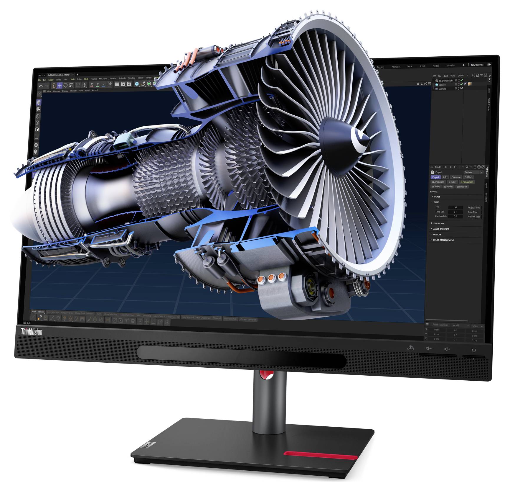 Een computerscherm toont een 3D-model van een turbinemotor. Het model is gedetailleerd en lijkt uit het scherm te puilen.