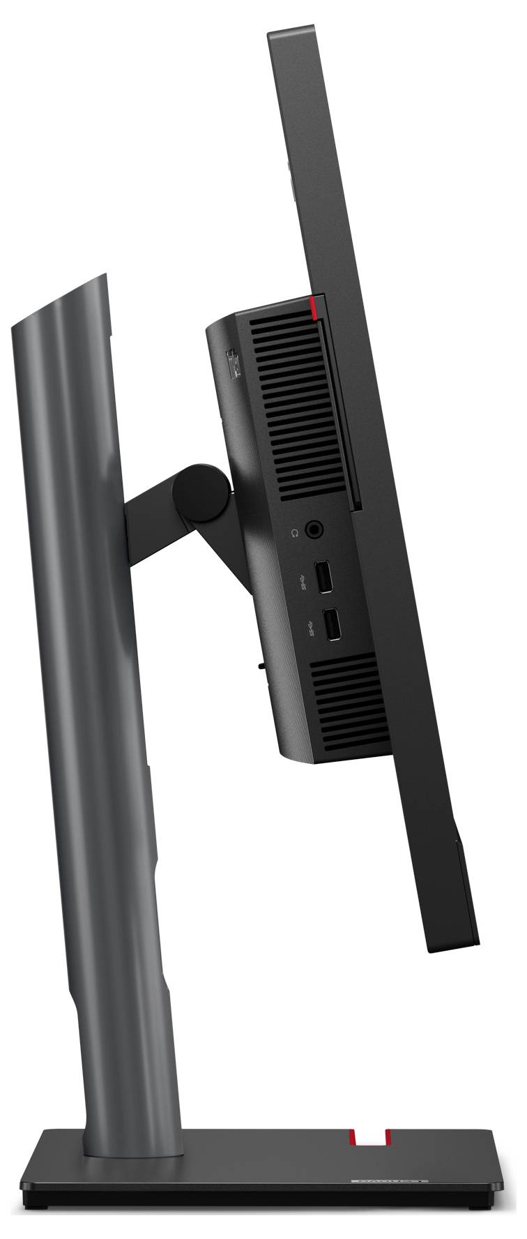 Zijaanzicht van een monitor op een verstelbare standaard die laat zien hoe het scherm naar voren en achteren kan worden gekanteld.