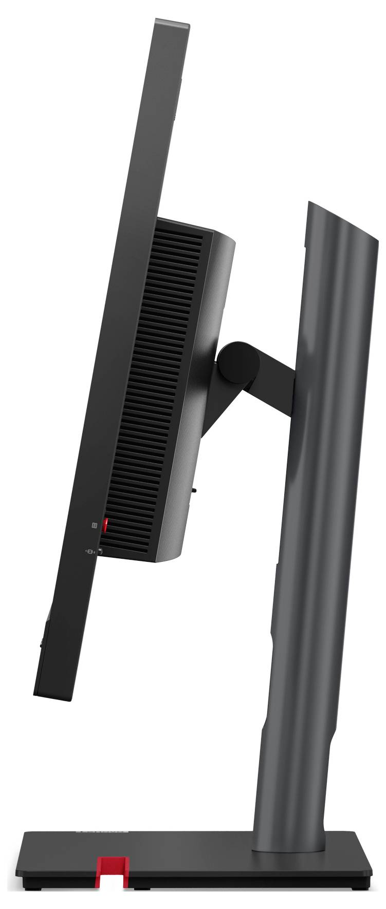 Een computermonitor van opzij gezien met een verstelbare standaard. De monitor is zwart en slank, met een stabiele voet.