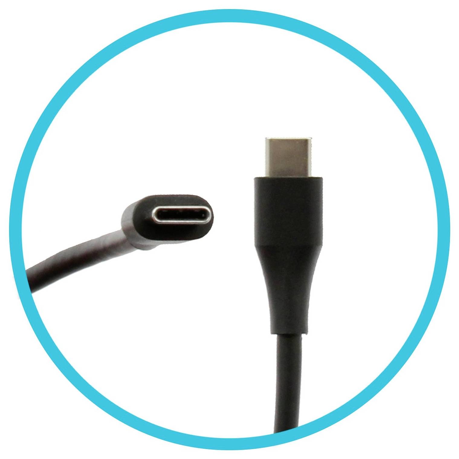 'Close-up van een USB-C-kabel met een blauwe cirkelrand. Links de kabelstekker, rechts de kabelaansluiting.'