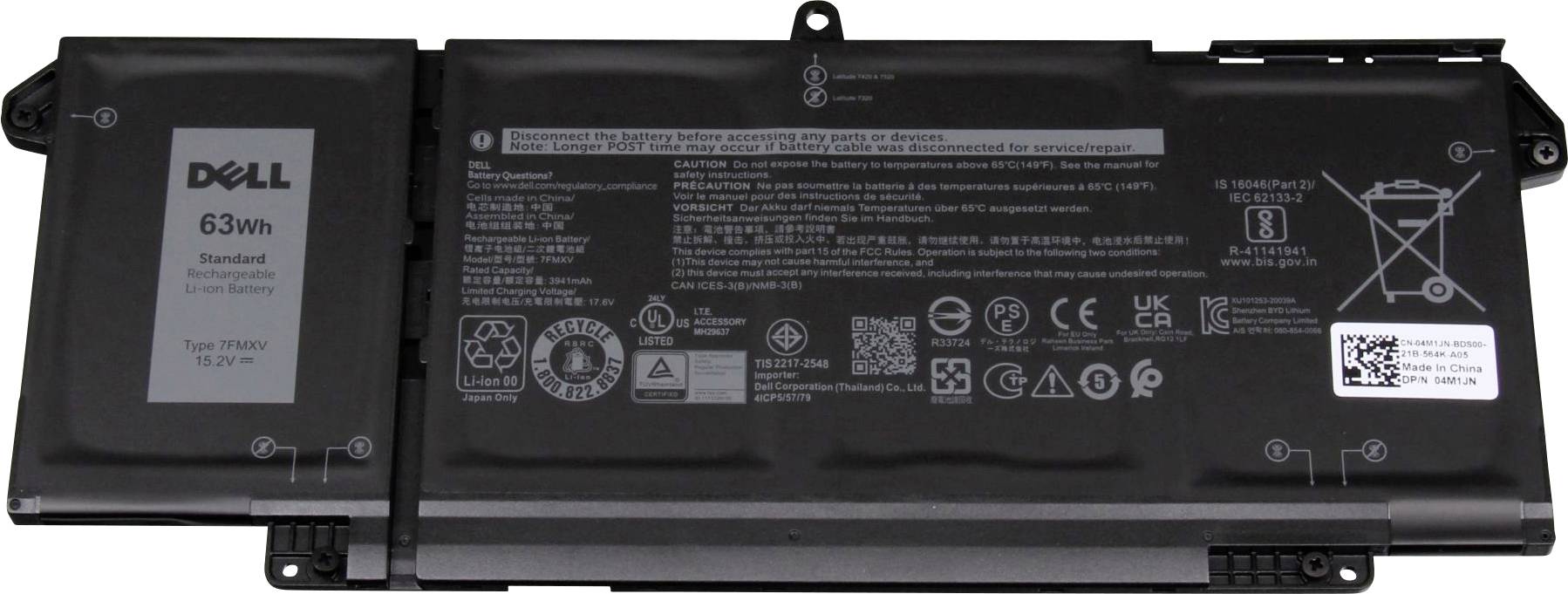 Laptop-accu van Dell, 63 Wh, modeltype TT9XP, met veiligheidsinstructies en symbolen, compatibel met bepaalde Dell-modellen.