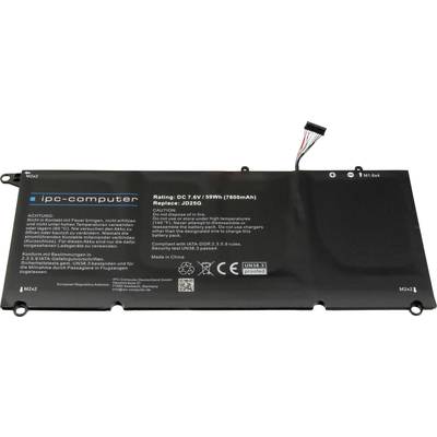 Een laptop-accu met het opschrift 'ipc-computer'. Technische details: 7,6V, 59Wh, 7800mAh, vervangt JD36G. Waarschuwingen in het Duits en Engels. Gemaakt in China.