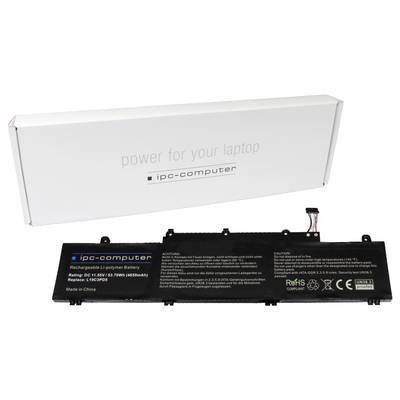 'ipc-computer' Laptop-accu, model B-IPC03. Li-Polymeer, 15,9V, 65Wh, 4550mAh, in zwart design voor witte verpakking met logo.