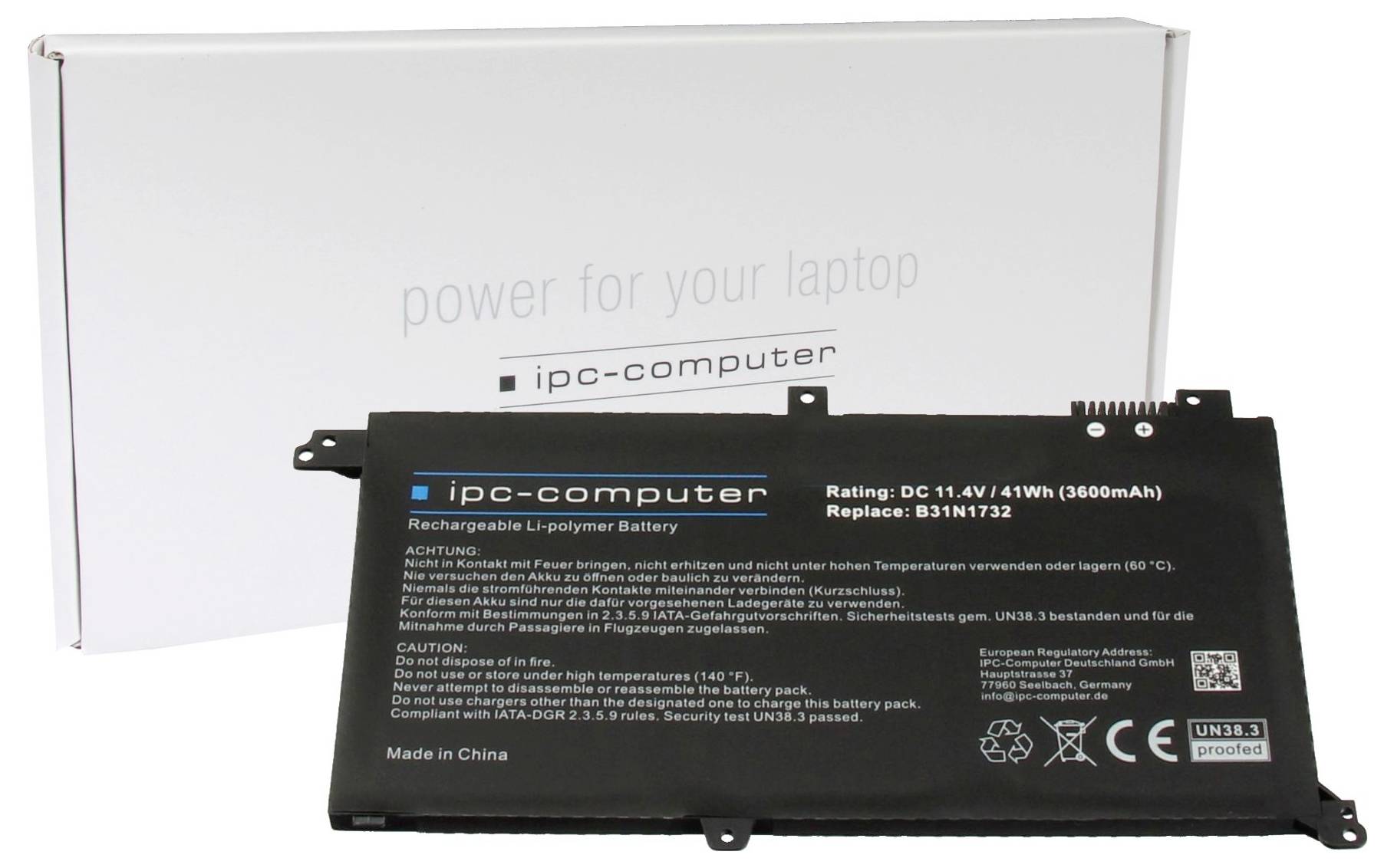 Oplaadbare lithium-polymeer accu van 'ipc-computer' met specificaties: 11,4V, 41Wh, 3600mAh. Ontworpen voor laptops.