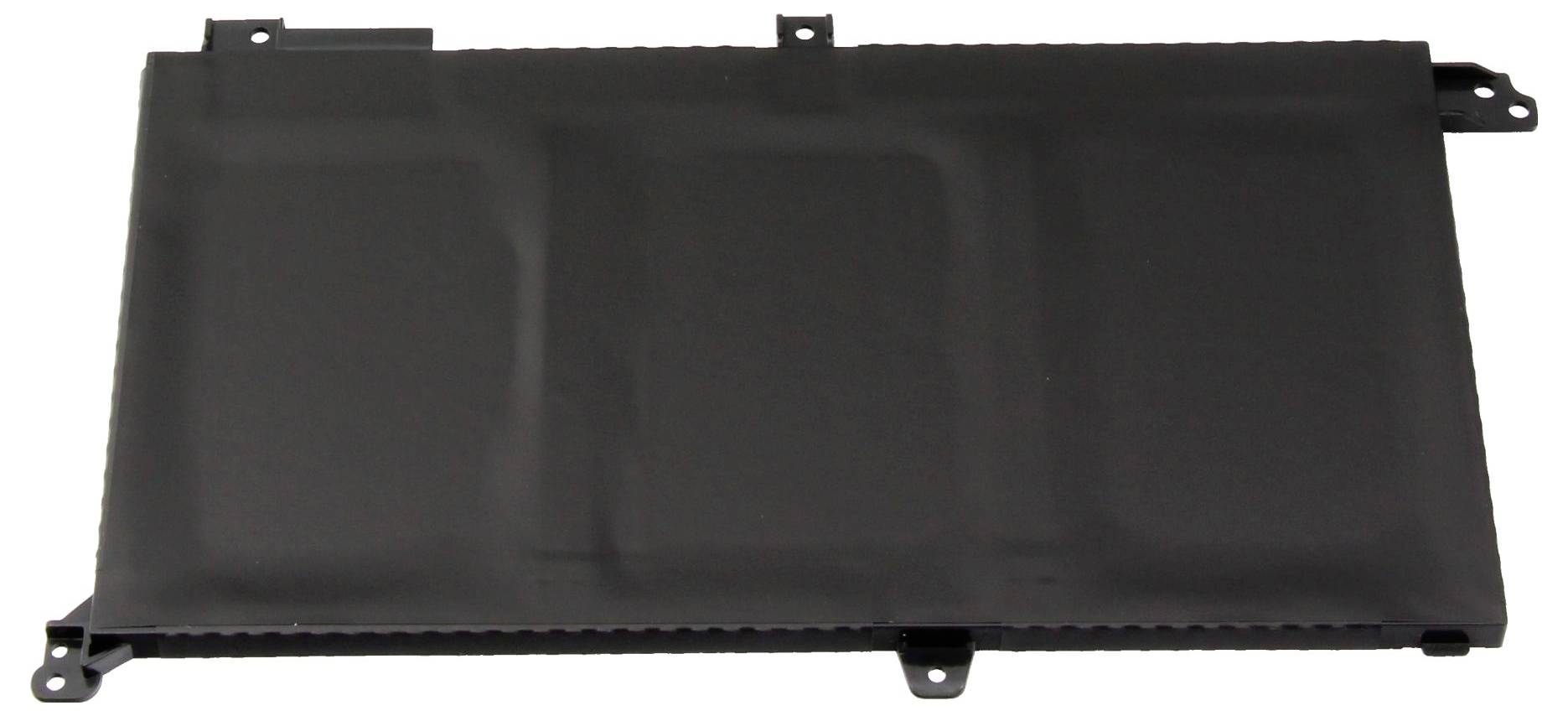 Een rechthoekige laptopbatterij in het zwart, plat en met meerdere bevestigingslatten aan de randen.
