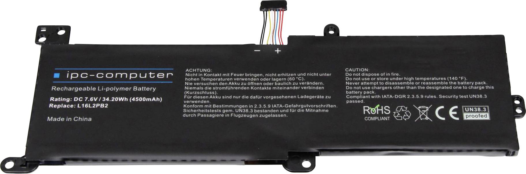 Laptop-accu met opschrift 'jp-computer Oplaadbare Li-polymeer Batterij', capaciteit: 46Wh, Gemaakt in China.