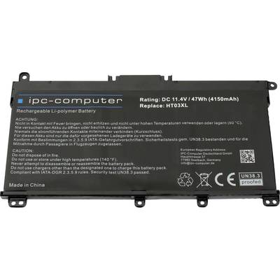 Zwarte Li-Polymeer-batterij met opdruk: 'Rating: DC 11,4V / 47Wh (4150mAh), Vervangen: HT03XL.' Waarschuwingen en fabrikantgegevens.