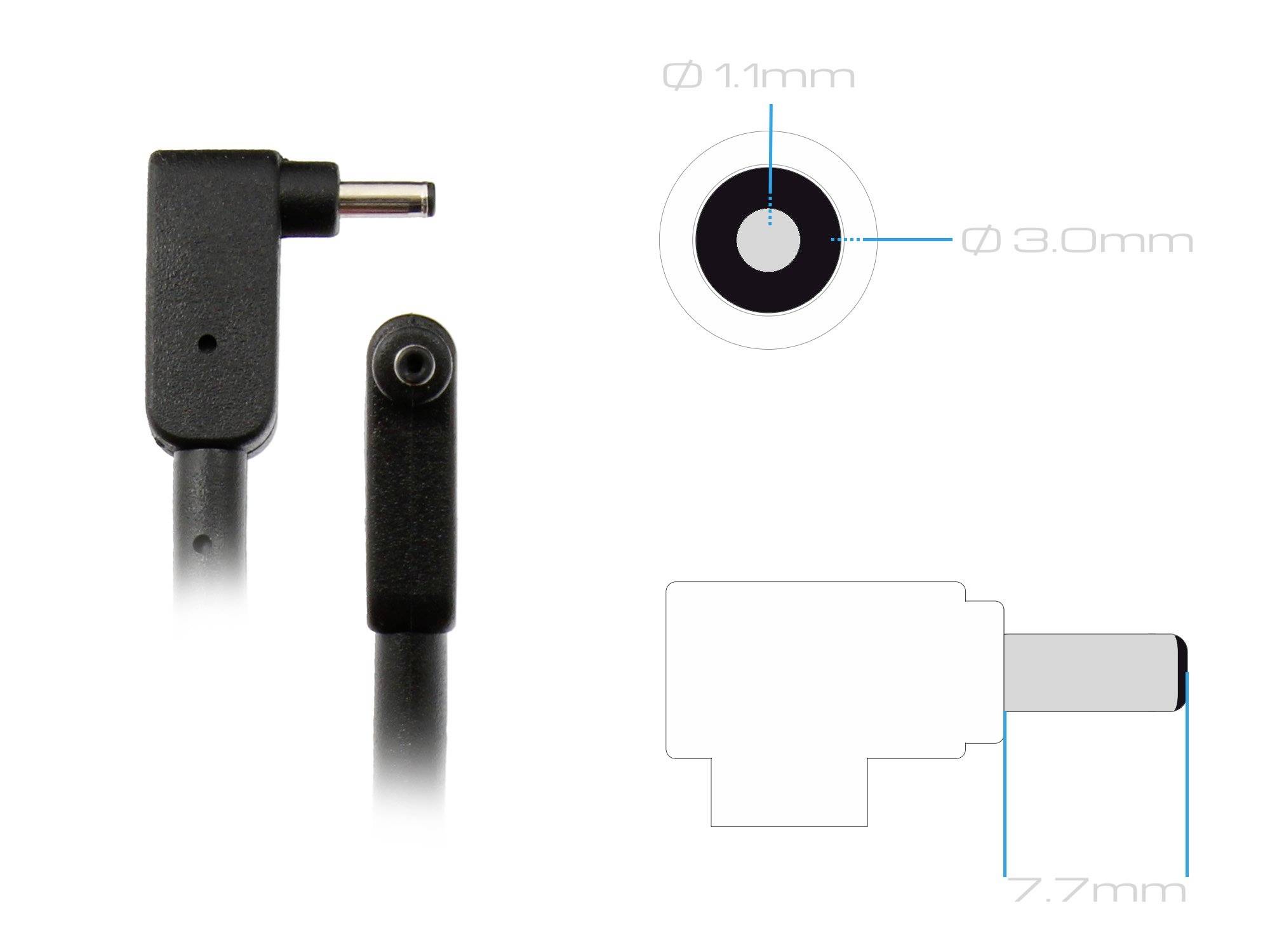 'Plug with 1.1 mm inner diameter and 3.0 mm outer diameter, side view shows 7.7 mm length. Technical drawing with dimensions on the right.'