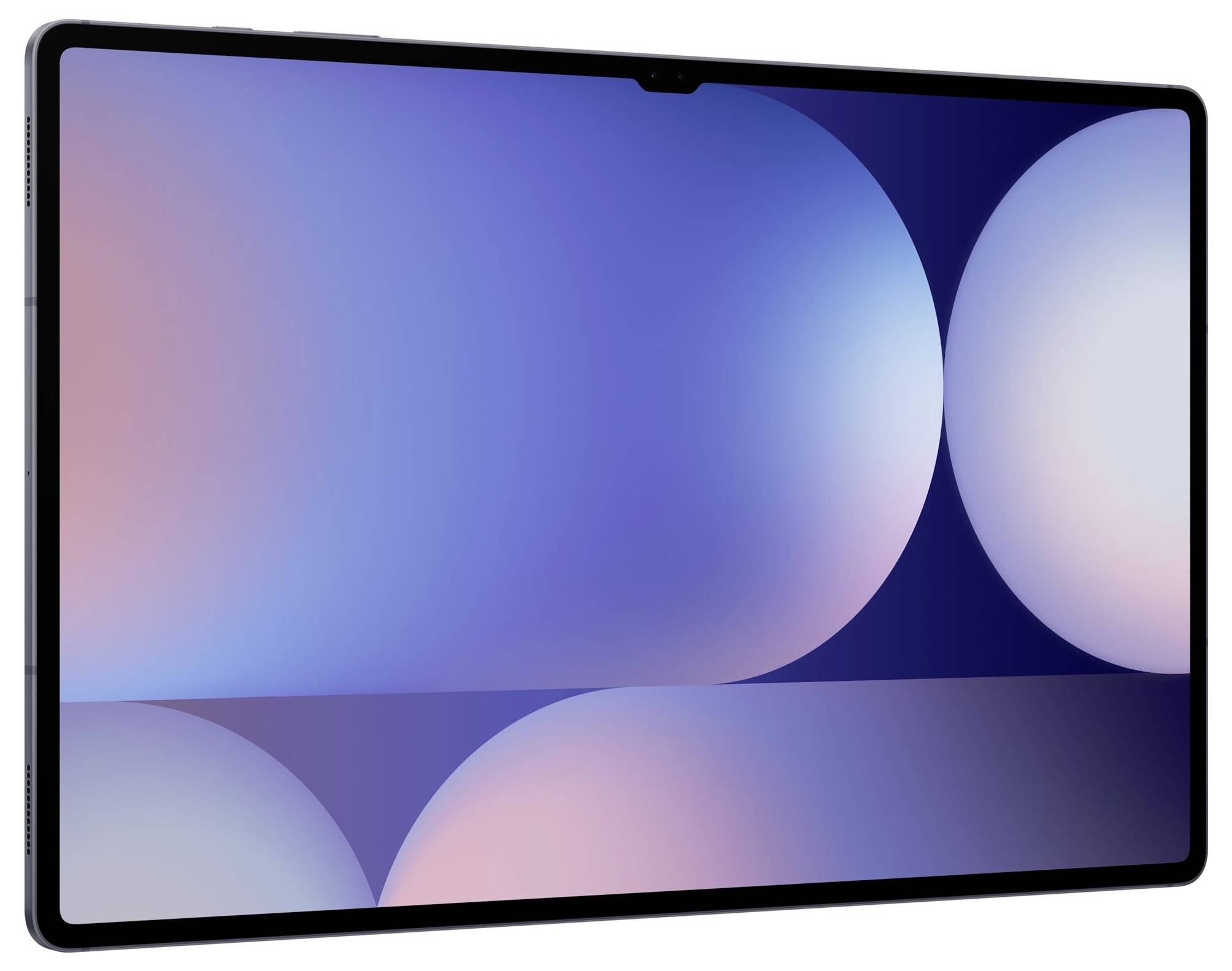 Tablet met een groot scherm toont een abstract achtergrondbeeld met zachte blauw- en rozetinten, bestaande uit cirkels op een donkere ondergrond.