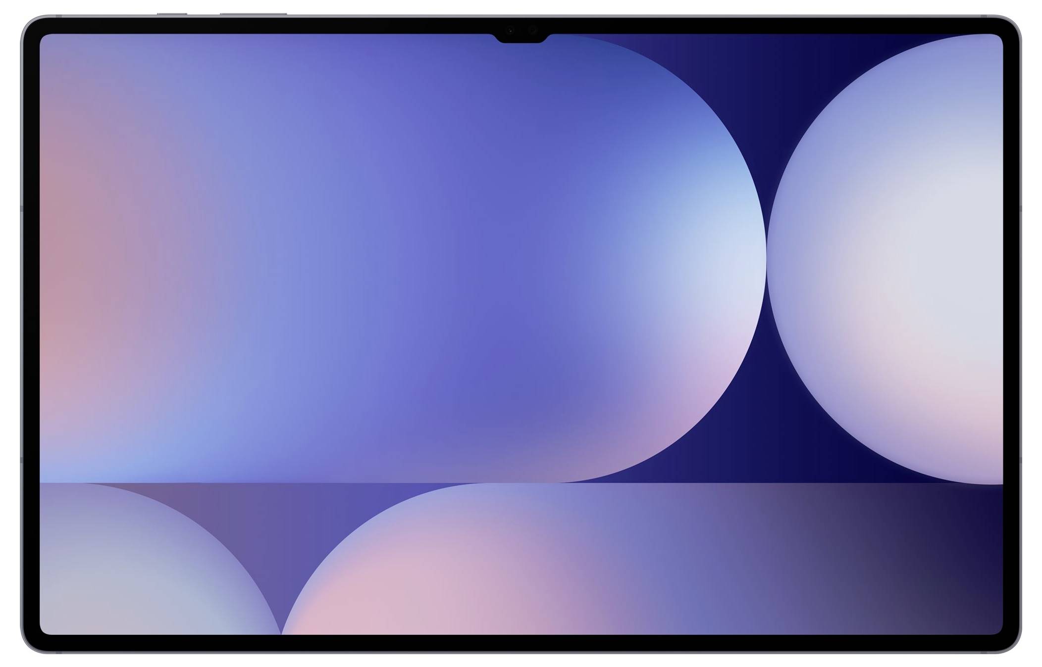 Een tablet met een scherm dat een abstract ontwerp toont van in elkaar overlopende blauwe en roze cirkels.