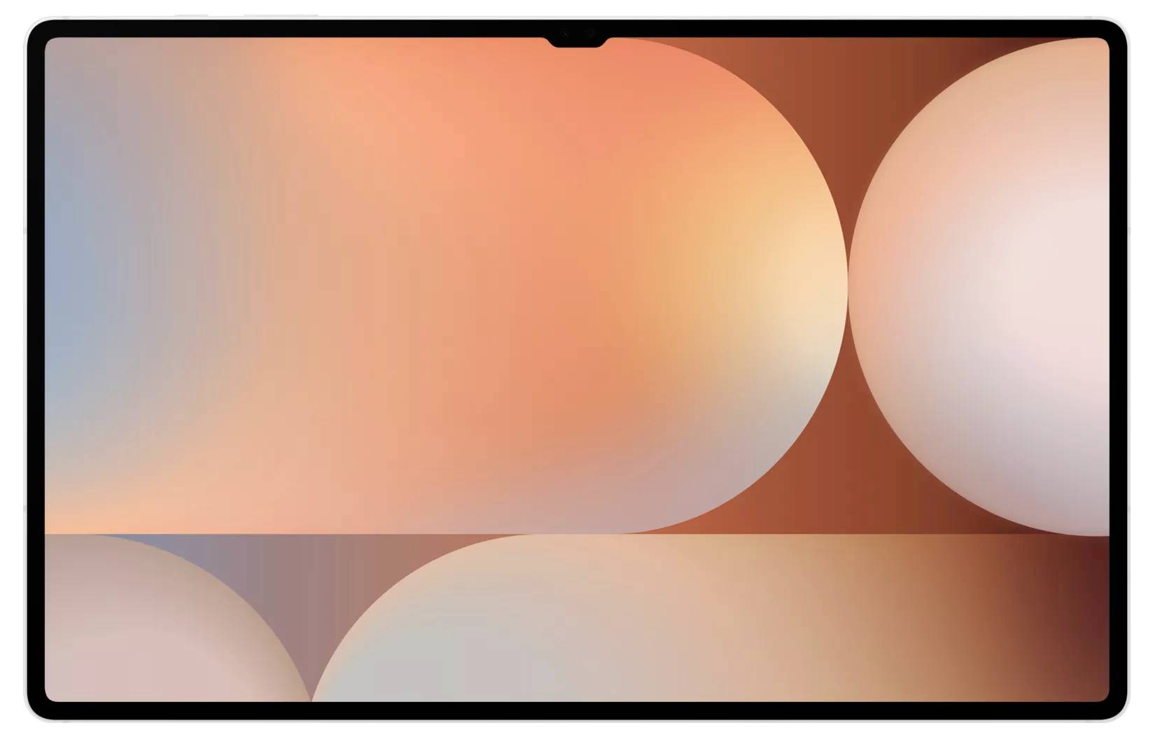 Een tablet met een abstracte achtergrond in oranje- en beigetinten, bestaande uit cirkels en rechthoeken.