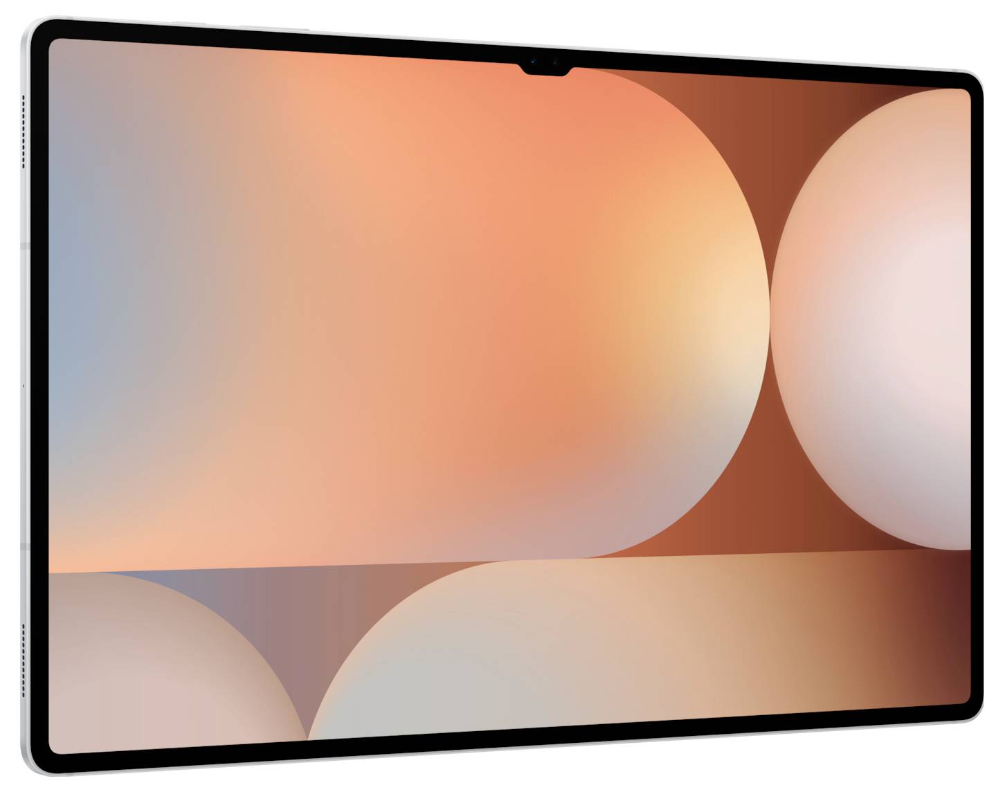 Een tablet met een stijlvolle schermachtergrond toont een abstract motief in warme oranje- en beigetinten, dat dynamische vormen benadrukt.