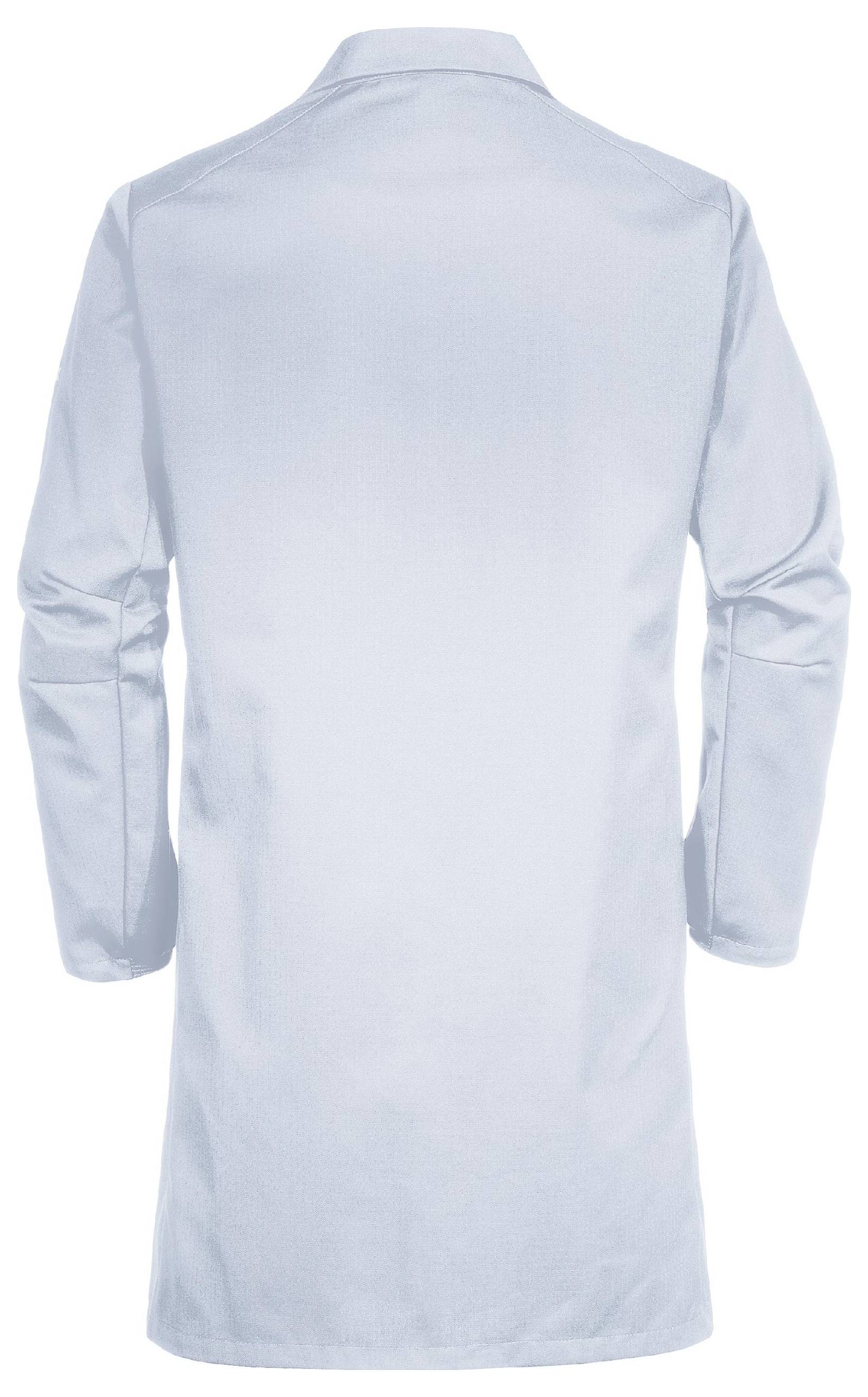 Een witte labjjas, gezien van achteren, met lange mouwen.