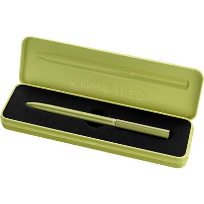 Een groene balpen ligt in een bijpassende metalen doos met zwart fluwelen binnenwerk. De doos is geopend en toont de pen.