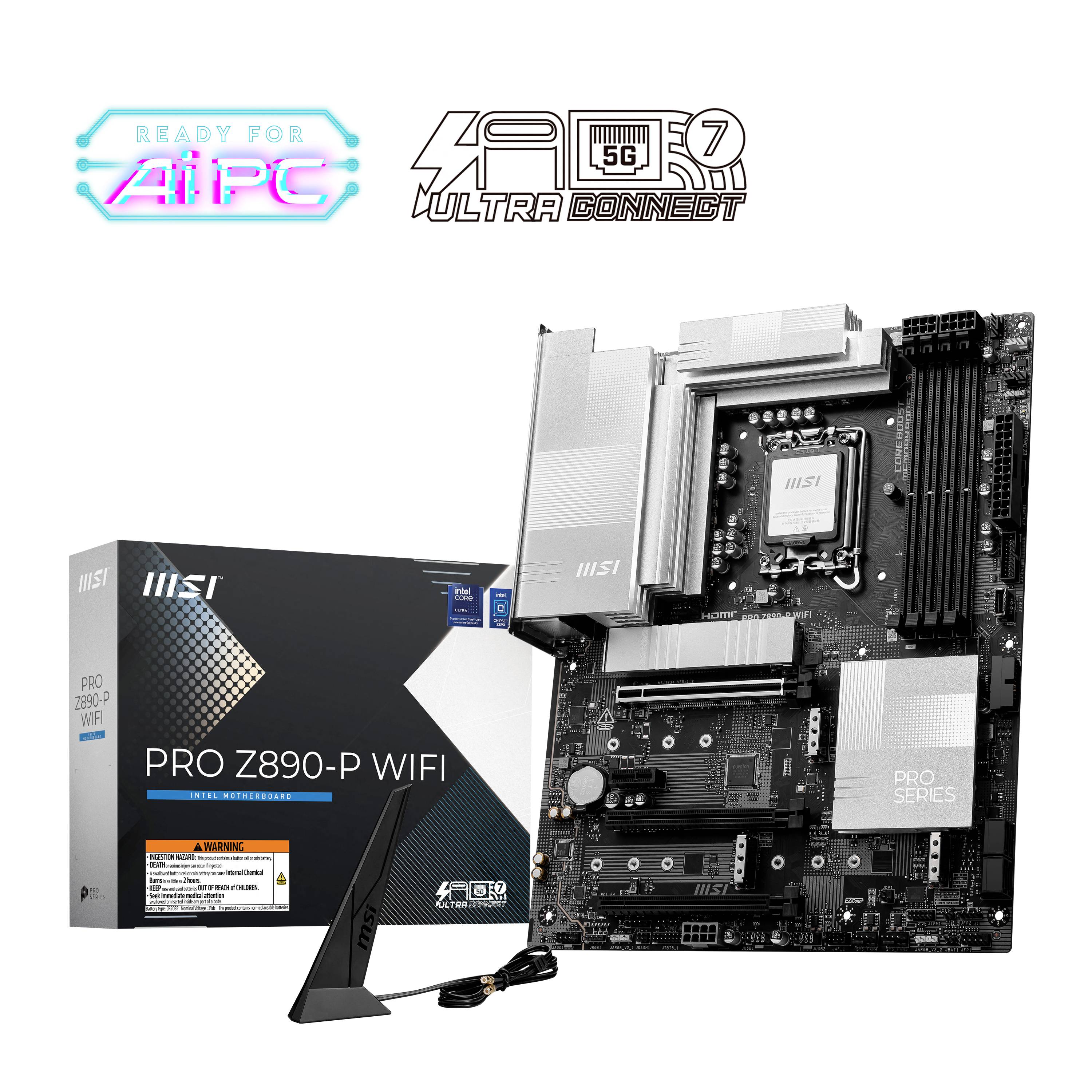 'MSI PRO Z890-P WIFI' Moederbord en verpakking met WiFi-antenne, ontworpen voor AIPC, Ultra Connect Technologie, 5G.