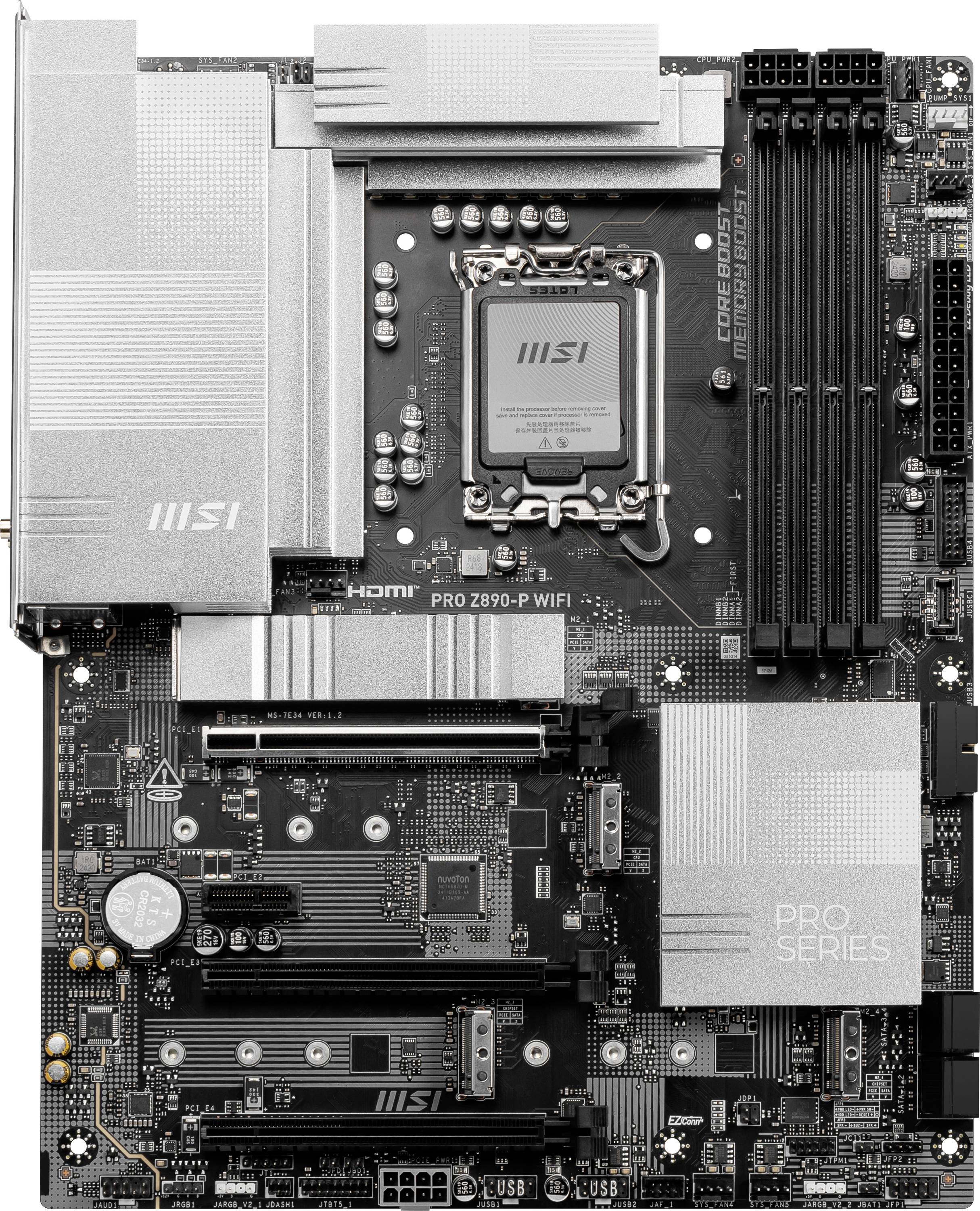 Een computermoederbord met meerdere PCIe-sleuven, RAM-banken en een geïnstalleerde CPU-koeler. Modelspecifieke details herkenbaar.