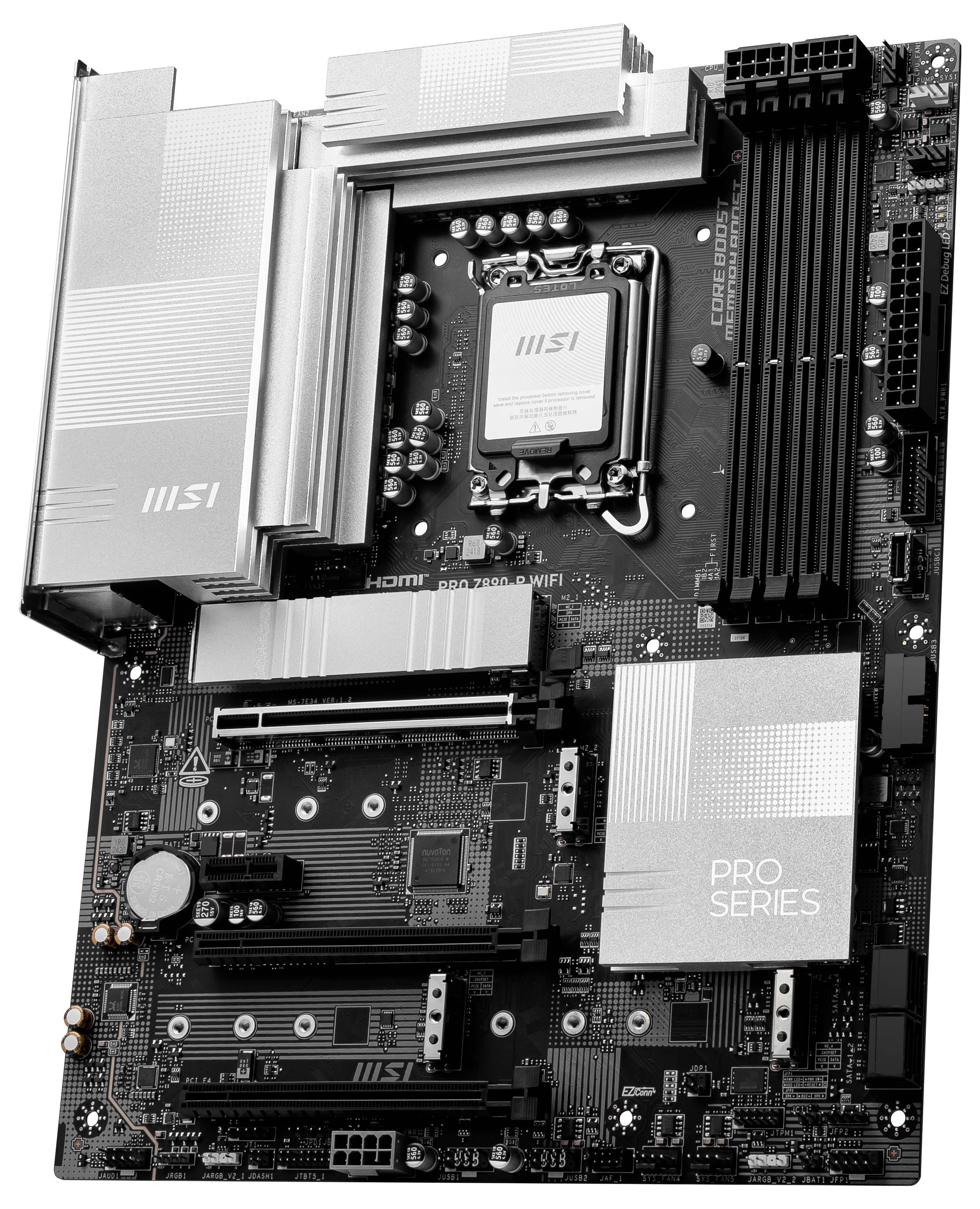 Een MSI-moederbord uit de PRO-serie met CPU-socket, RAM-sleuven en koellichamen. Geschikt voor gevorderde computergebruikers.