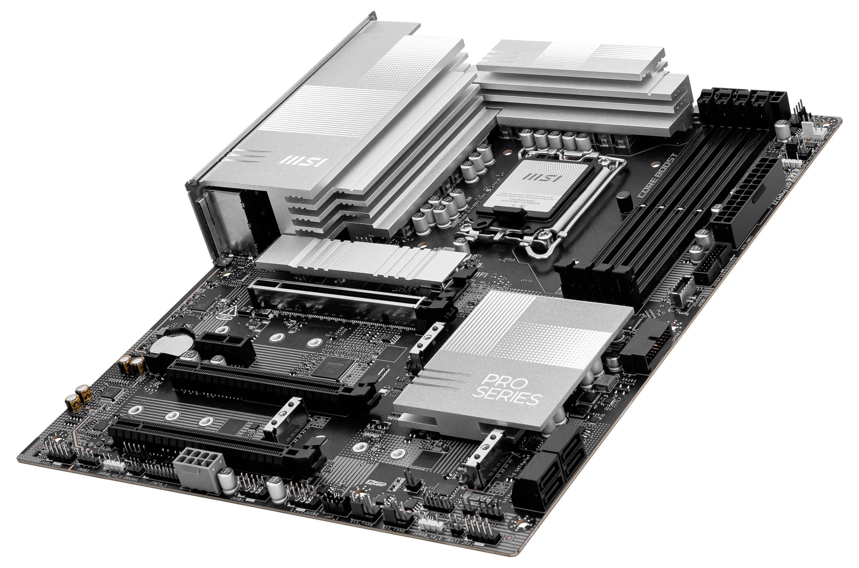 Een zwarte moederbord met meerdere sleuven en koellichamen, gelabeld met 'Pro Series', vertegenwoordigt computeruitrusting.
