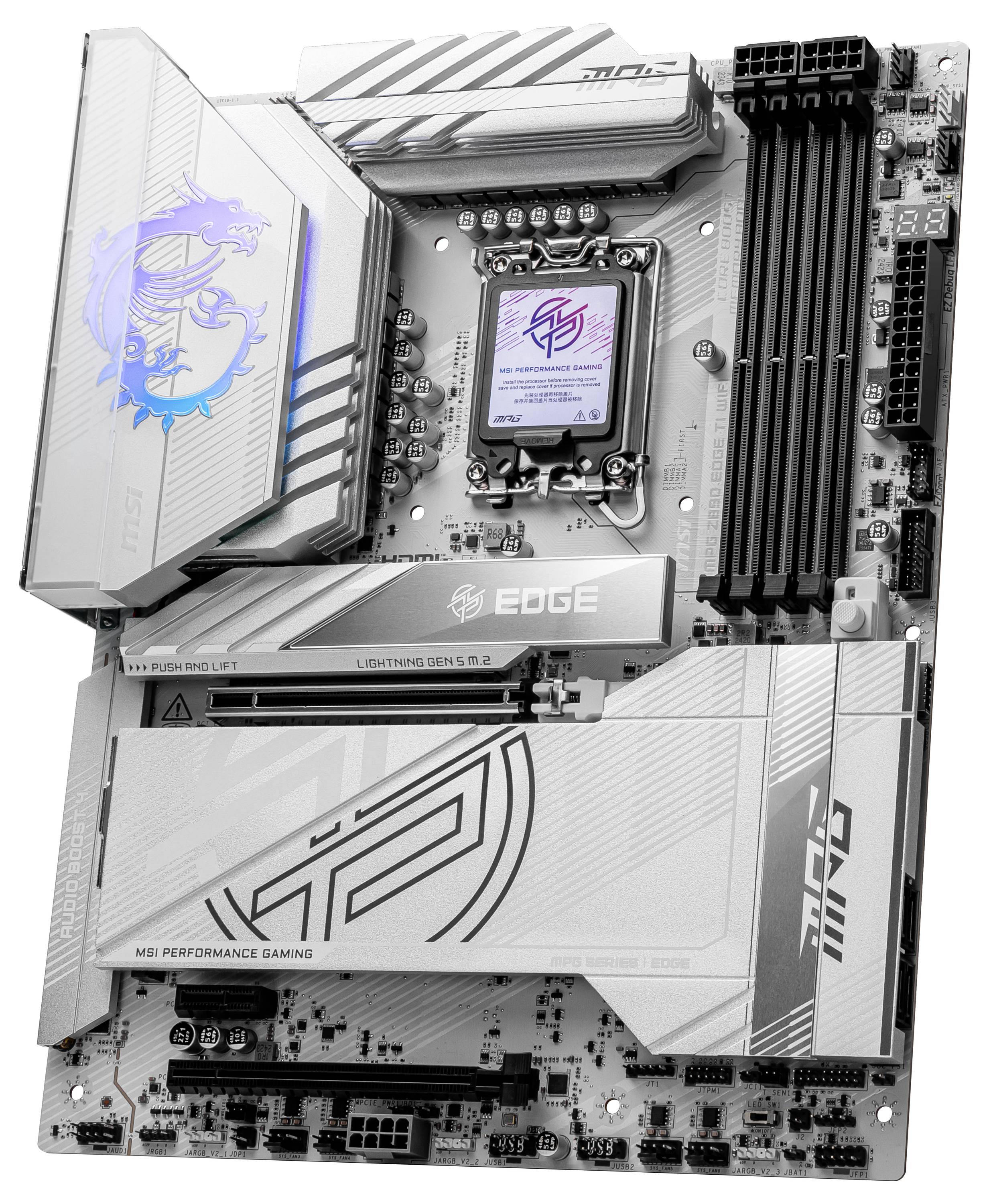 Een zilveren gaming-moederbord met zwarte accenten en geïntegreerde processor en koellichamen. Het MSI-logo is zichtbaar.